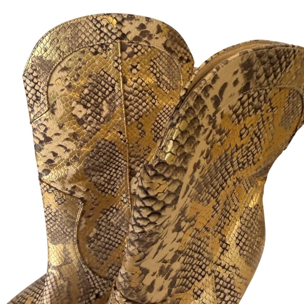 Anne Michelle Snakeskin Print Pointed Ankle Boots 10 High Heel Metallic Gold Tan - Picture 2 of 7